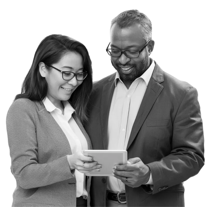 Two workers discussing ideas over the tablet
